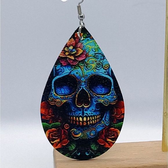 Sugar Skull Faux Leather Earrings Blue Pop Art Dangle Teardrop Gothic Jewelry - Picture 2 of 5